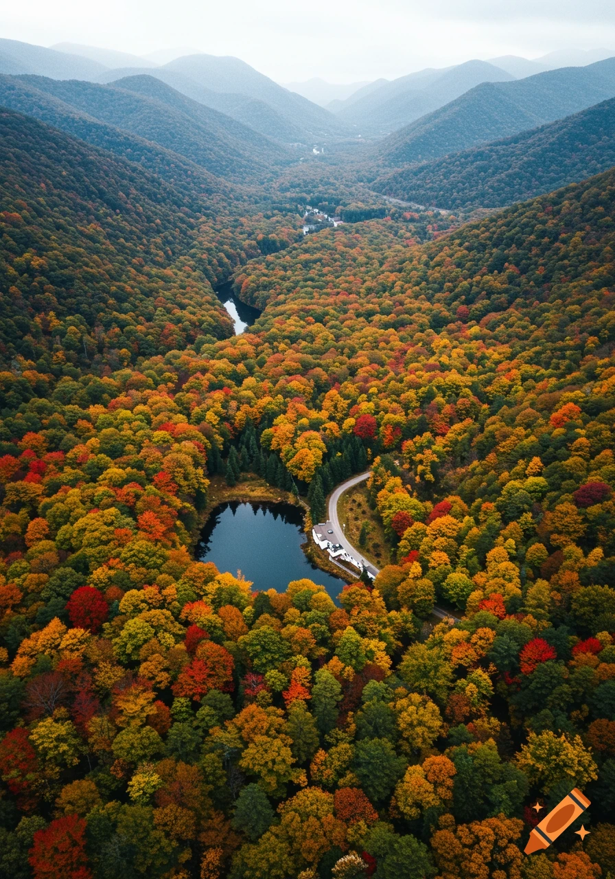 Aerial view of an autumn forest with colorful trees, a lake, river, and road surrounded by mountains.