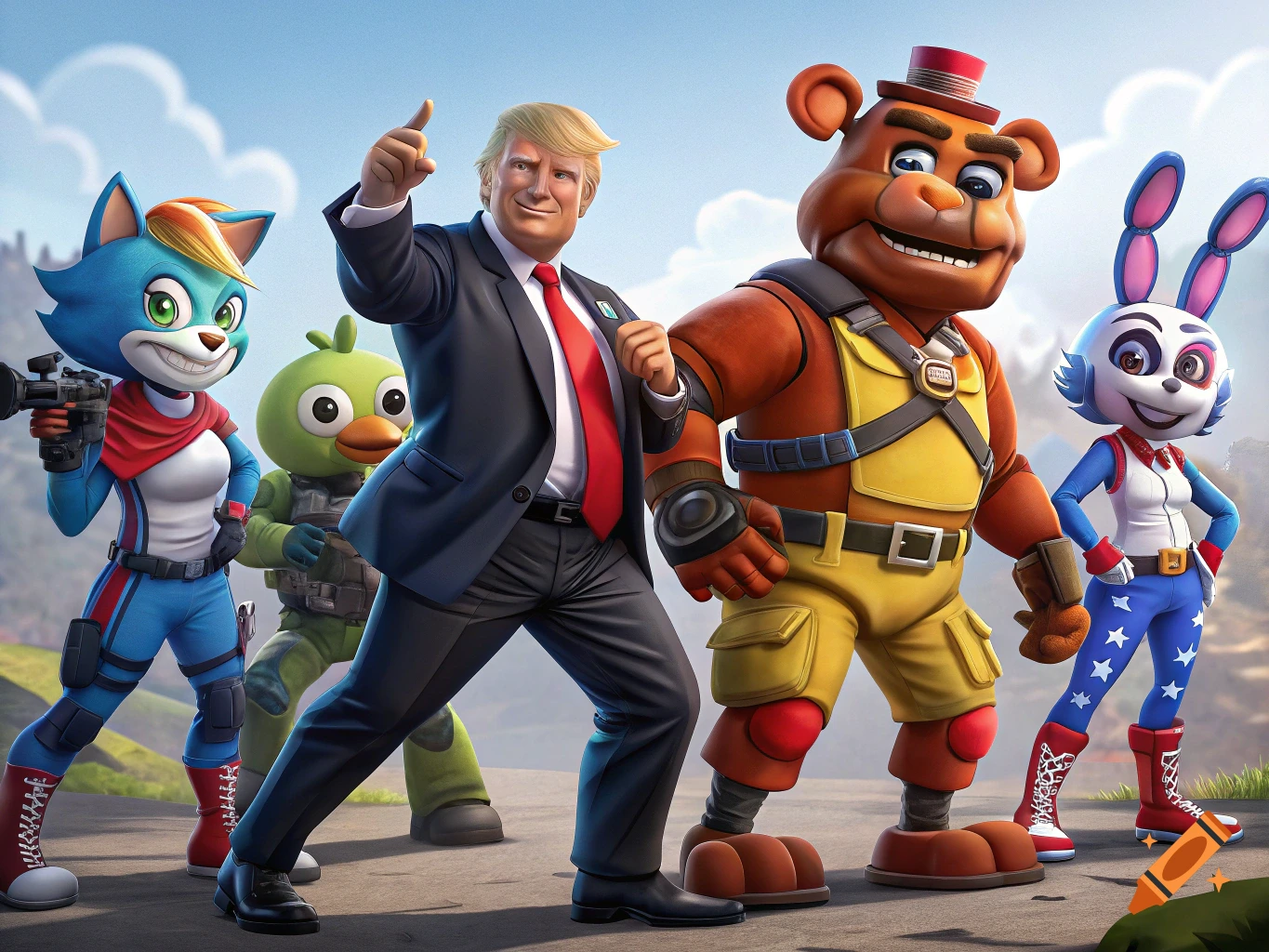Donald Trump with cartoon animal characters in a 3D style image.