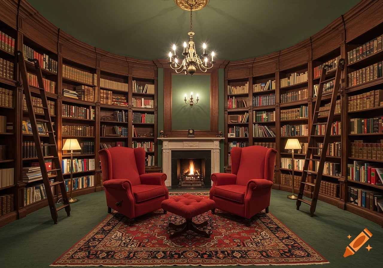 A cozy library room with mahogany bookshelves, two red armchairs, a fireplace, and a rug.