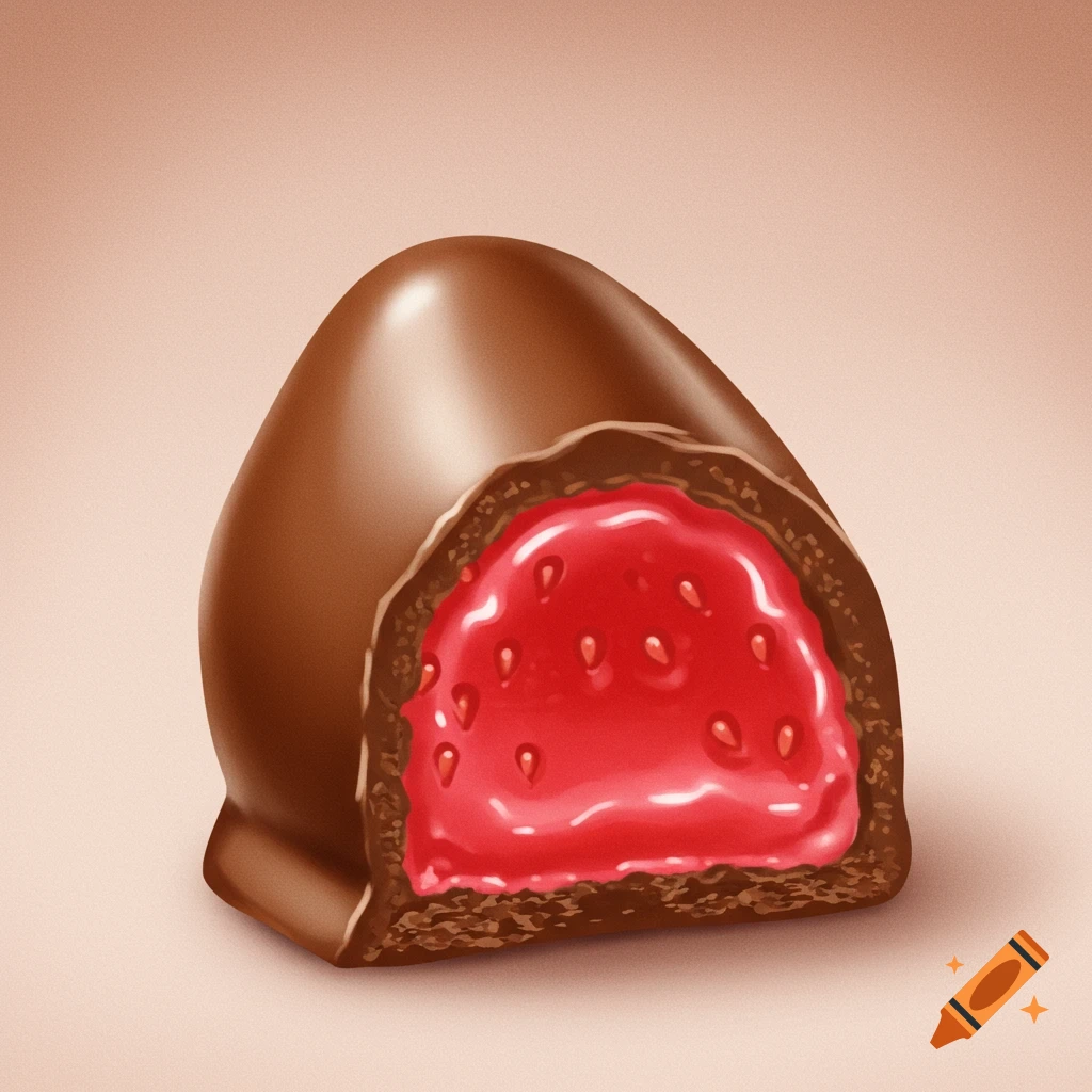 Illustration of a chocolate candy with strawberry filling.