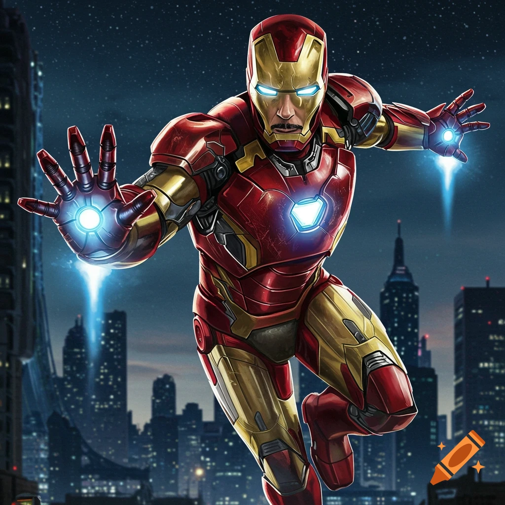 Iron Man flying over a city at night firing repulsor rays, dynamic illustration