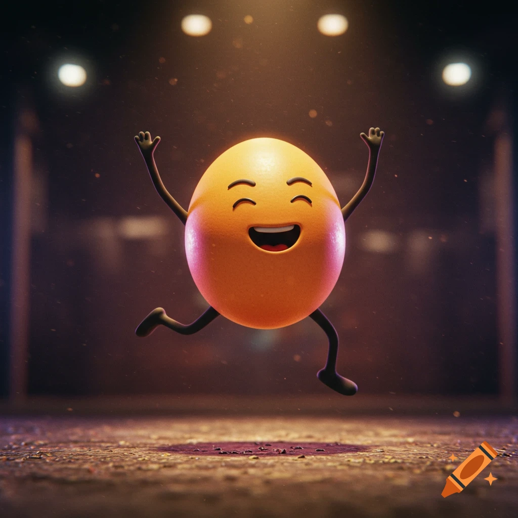 3D render of a happy anthropomorphic egg dancing in a dusty room with lights