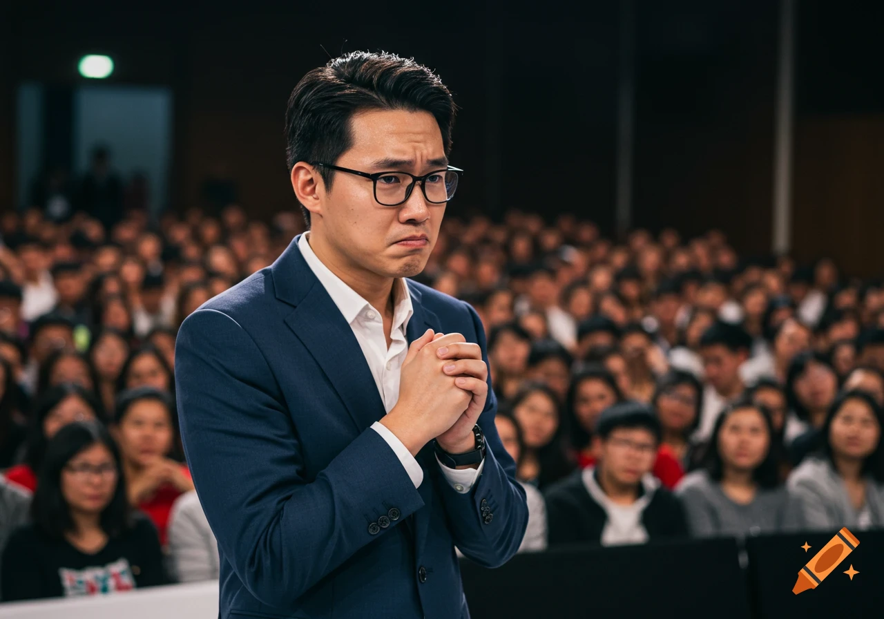 Man looking nervous while public speaking in front of a blurred crowd