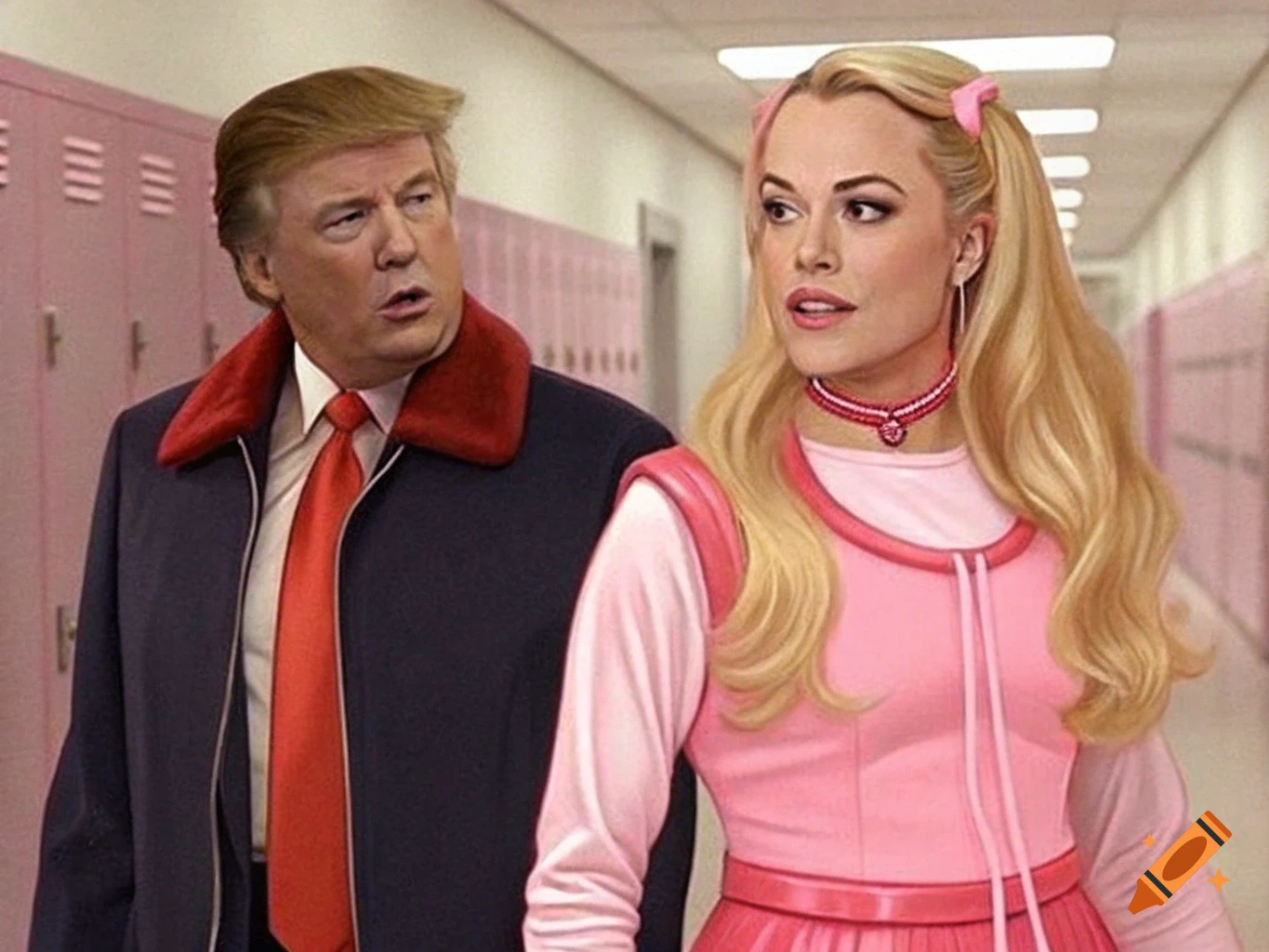 Figures resembling Donald Trump and Elon Musk in pink outfits in a high school hallway, parodying Mean Girls.