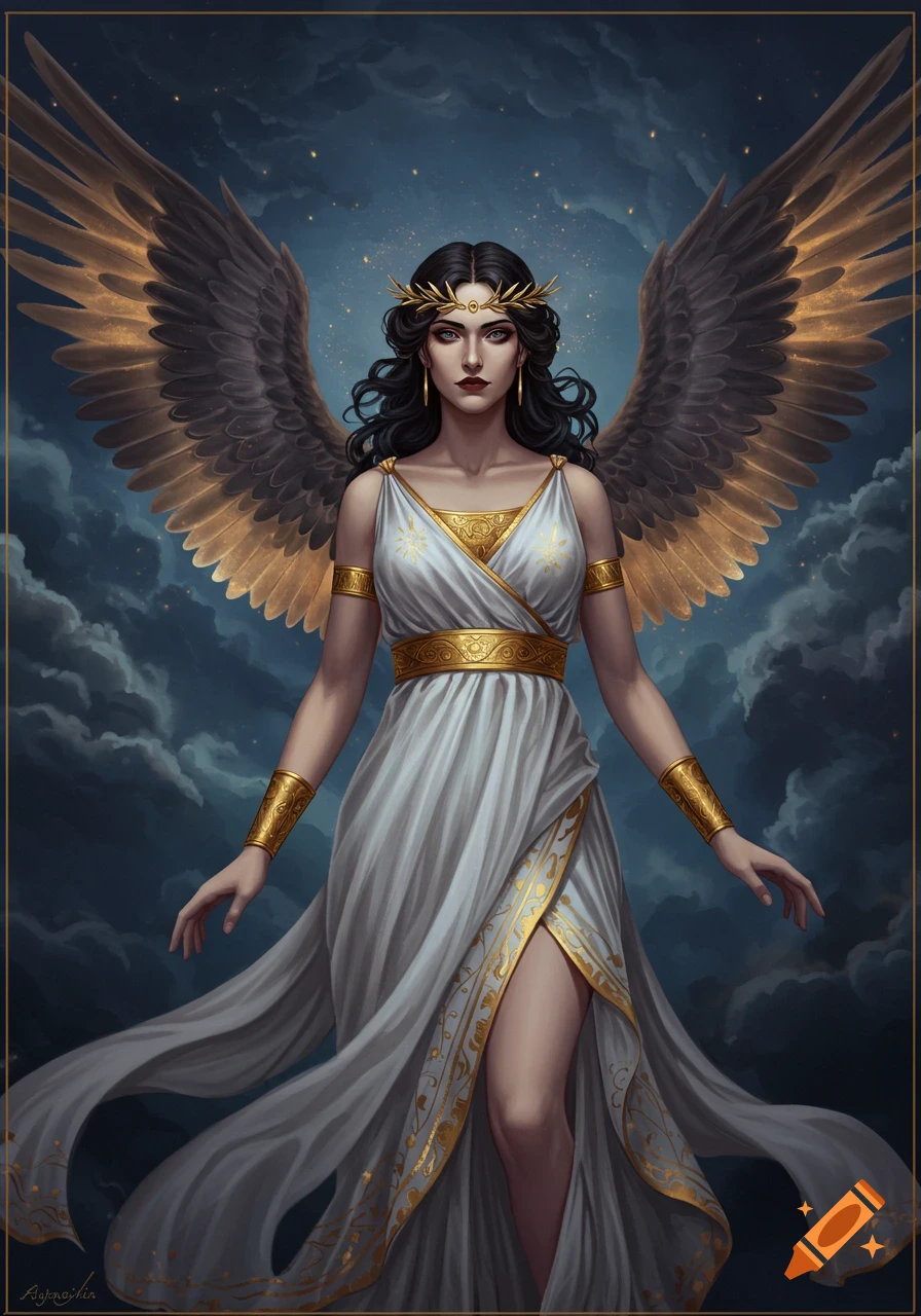 A winged goddess in a white and gold Greek dress stands against a starry, cloudy night sky.