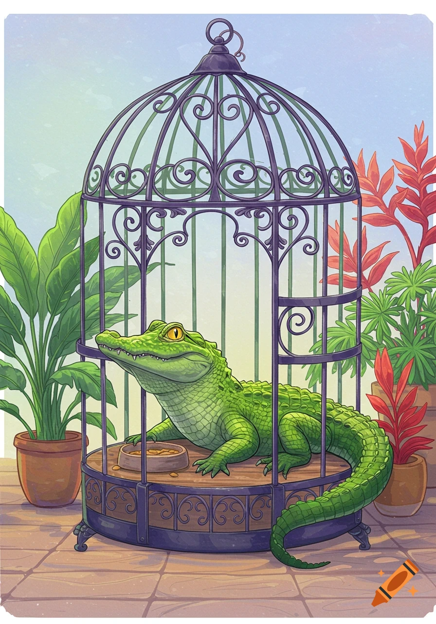 Illustration of a green alligator sitting in a decorative bird cage surrounded by potted plants.