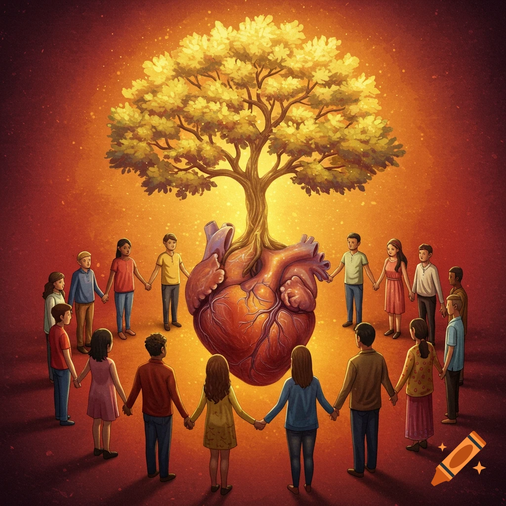 A tree grows from a human heart, surrounded by people holding hands in a circle, with a warm, glowing background.