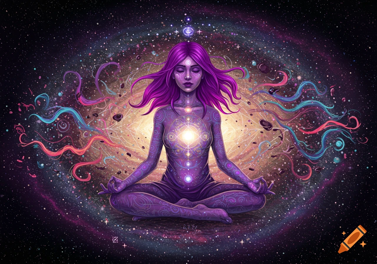 A purple figure meditates in the lotus position floating in a galaxy, surrounded by colorful swirling cosmic energy.