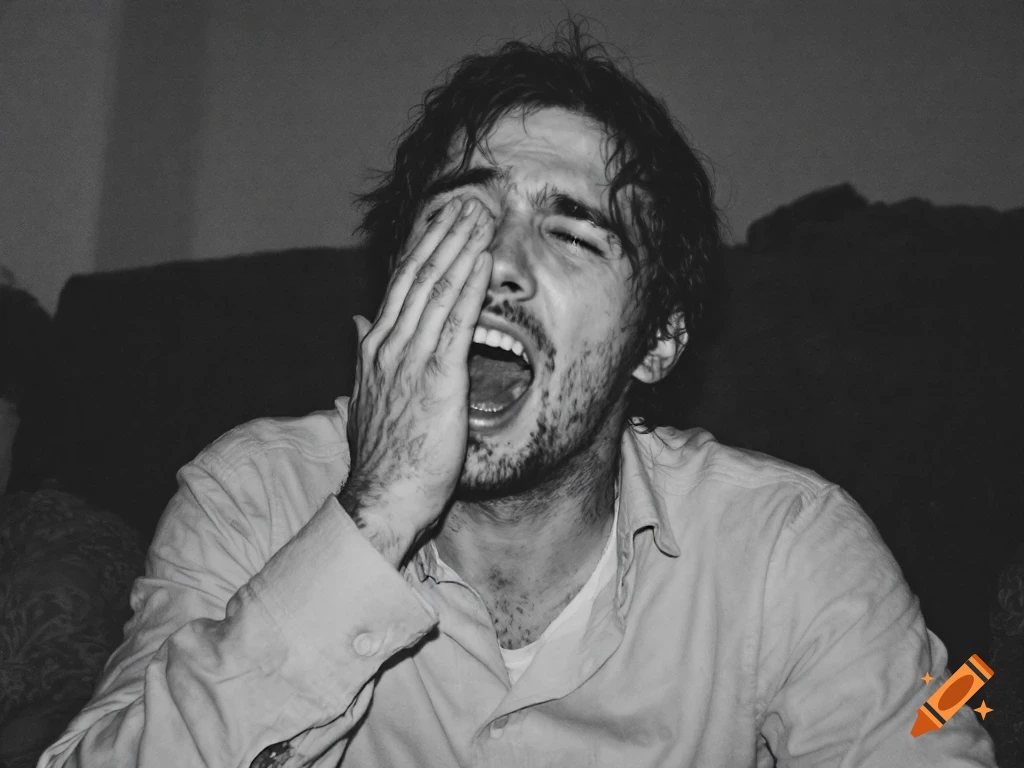 Black and white photo of a man covering his eyes and mouth open, possibly crying or yawning.