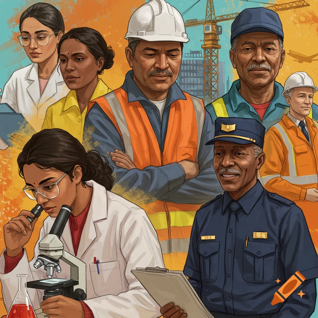 Stylized illustration of diverse people in various jobs: scientist, construction workers, police officer.