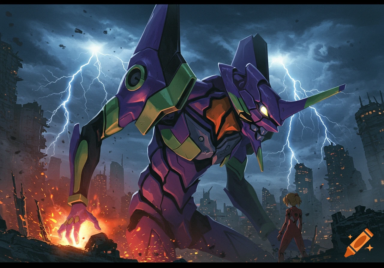 Giant purple mecha and person stand in ruined city under lightning storm, anime style.