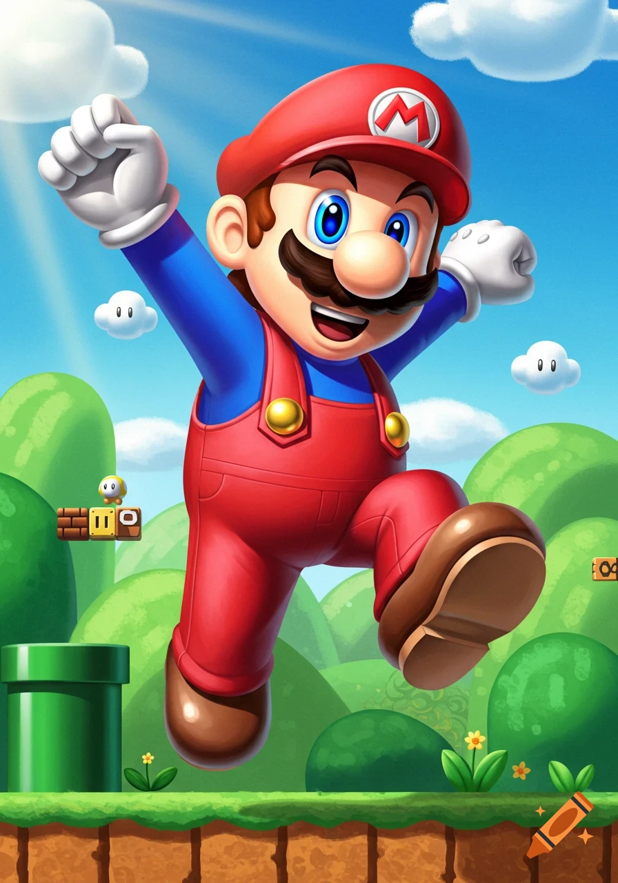 Mario jumps enthusiastically in a bright Super Mario Bros. level, featuring blocks, hills, and clouds.