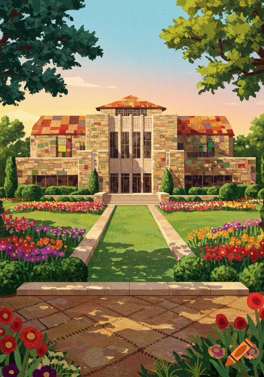 Illustration of a stone building with patchwork elements, surrounded by a colorful flower garden and trees.