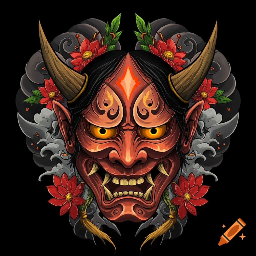 Red Hannya mask in modern Japanese tattoo style with horns, flowers, and clouds on a black background.