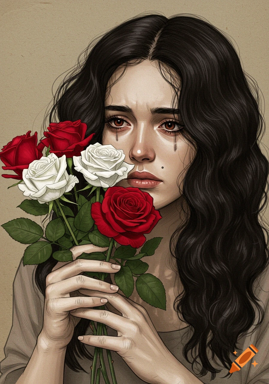 Drawing of a sad woman holding red and white roses