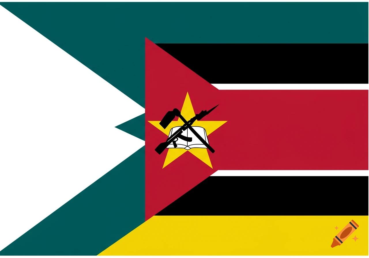 The flag of Mozambique. Green triangle at hoist, horizontal red, black, and yellow stripes. Emblem in star shows book, rifle, and hoe.