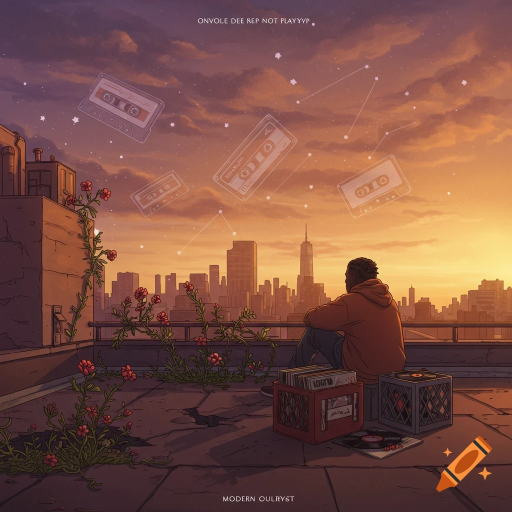 Illustration of a person watching a city sunset from a rooftop with floating cassette tapes.