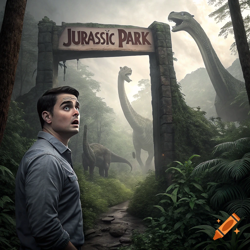 Man looks surprised at dinosaurs in front of Jurassic Park entrance sign