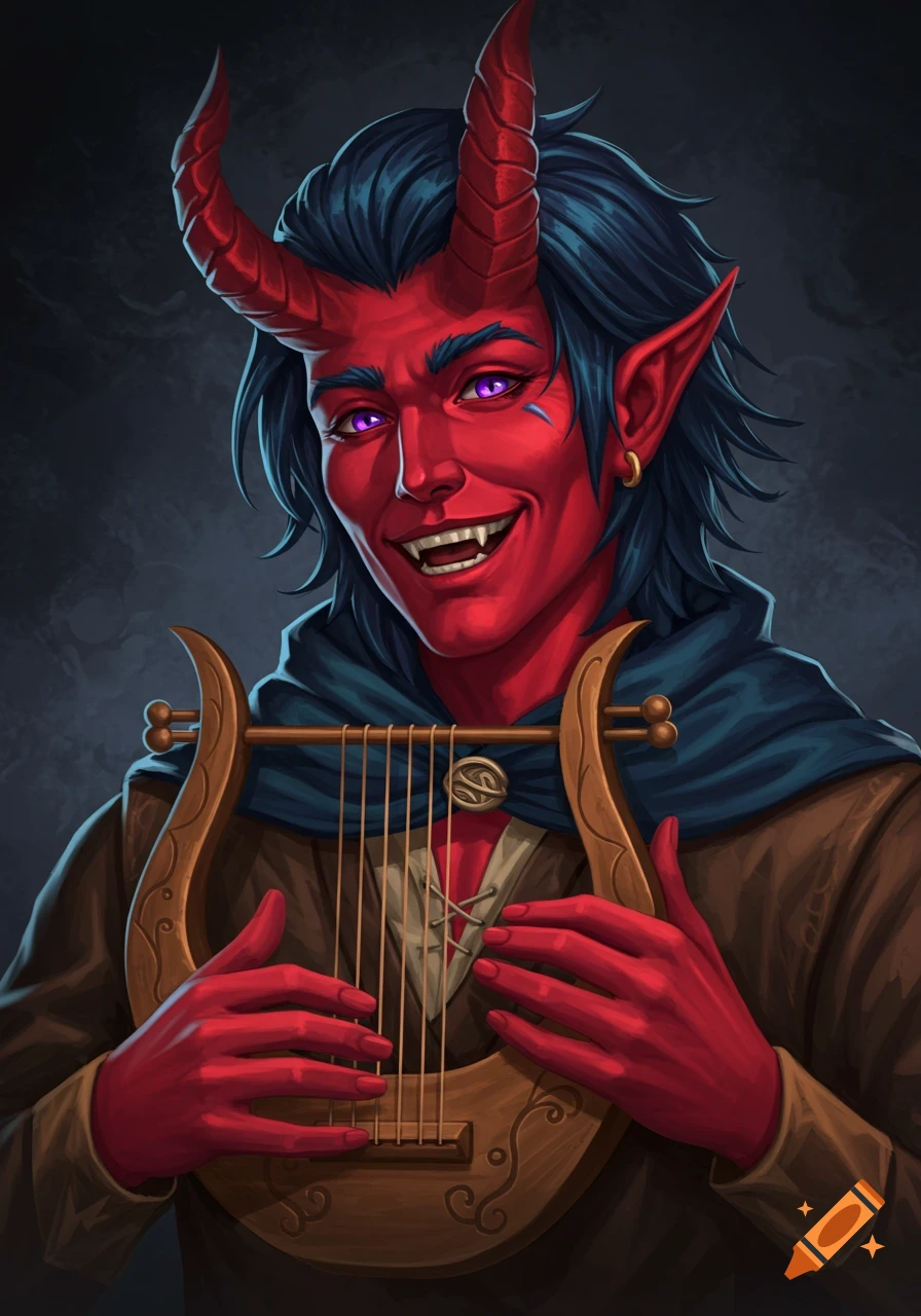 Fantasy portrait of a red-skinned character with horns and purple eyes playing a lyre.