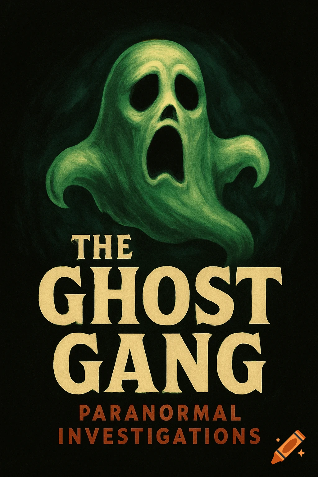 An illustration of a green cartoonish ghost with an open mouth, above text reading 'THE GHOST GANG PARANORMAL INVESTIGATIONS'.