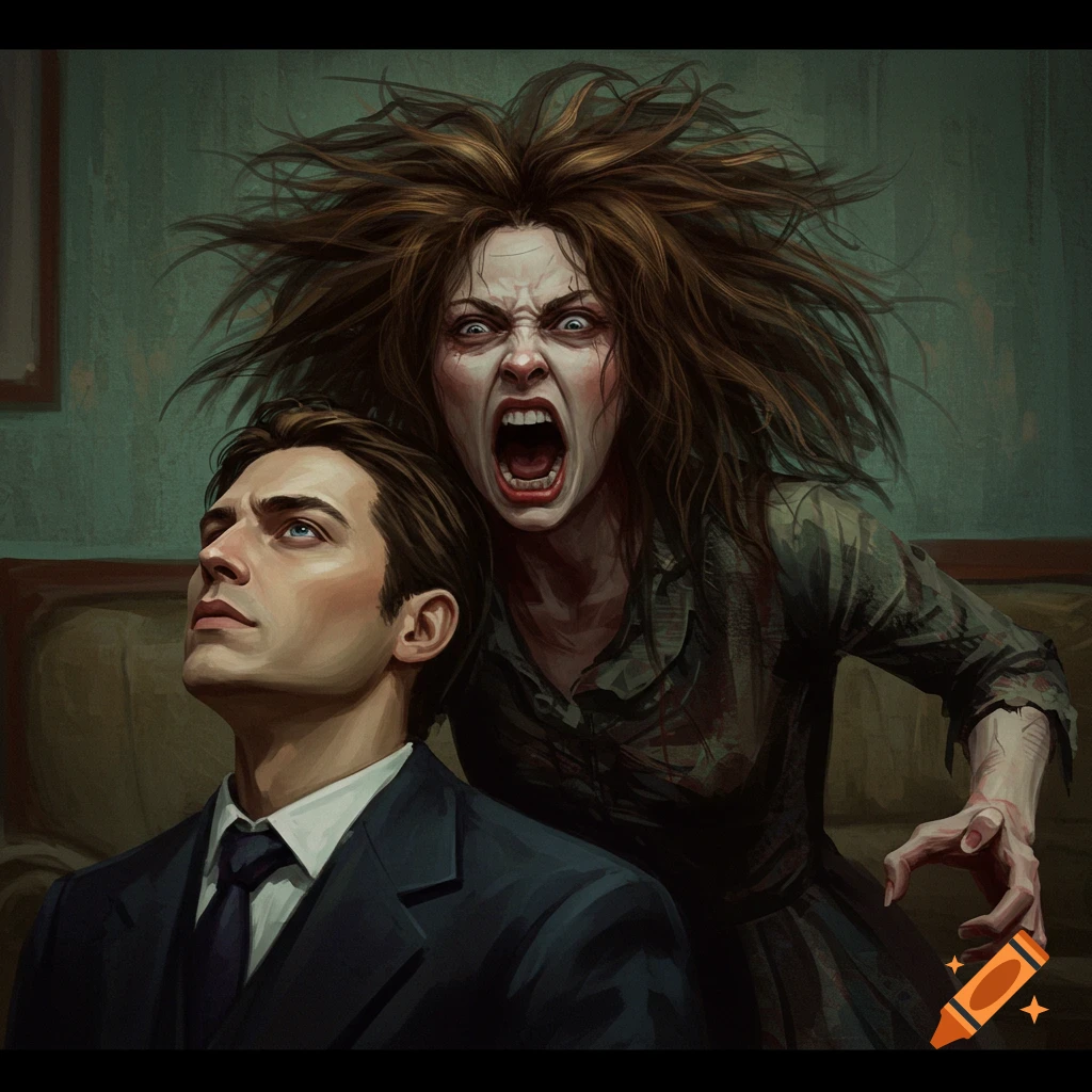 Dramatic illustration of a screaming woman looming behind a man.