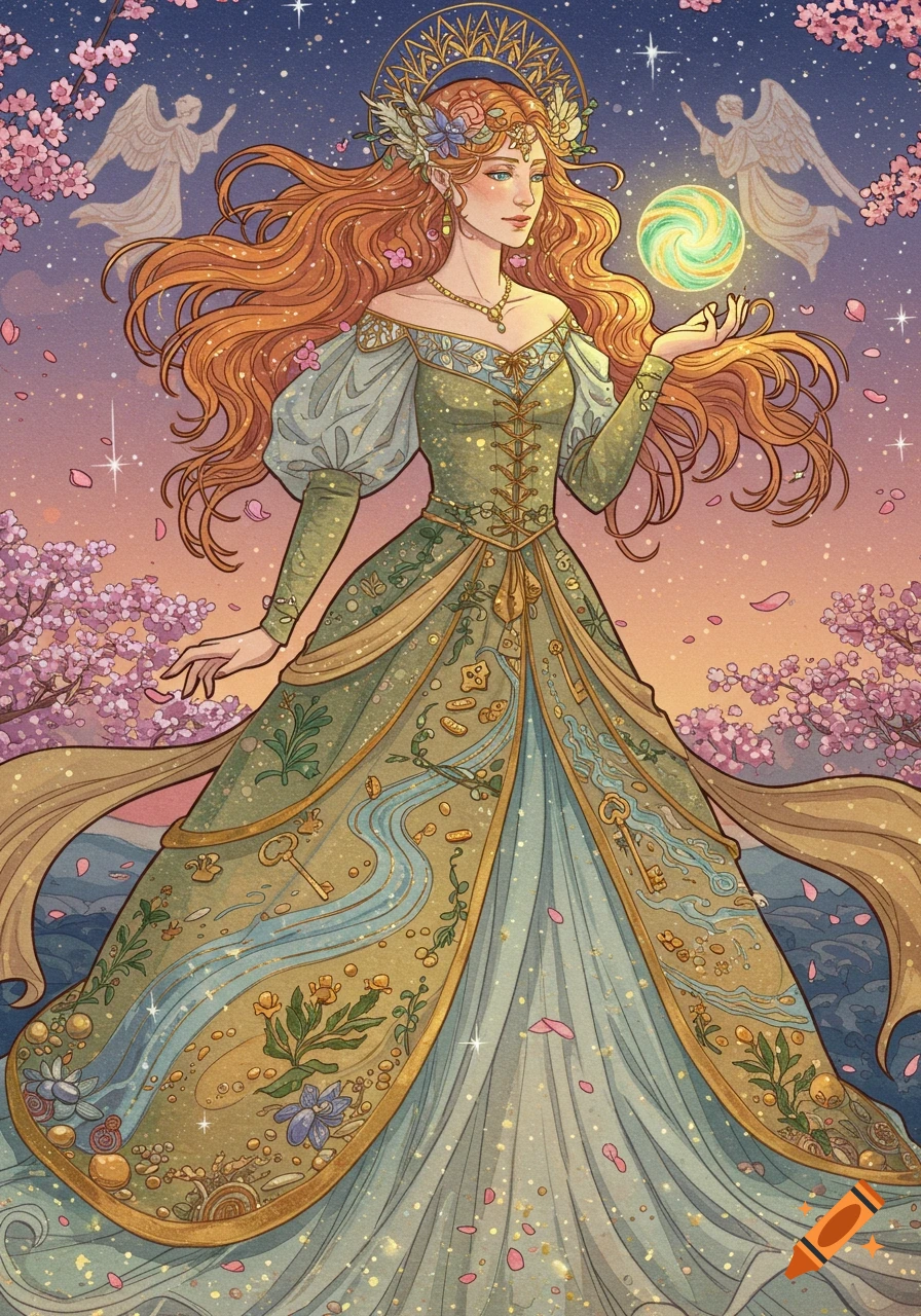 Fantasy illustration of a woman in an elaborate gown holding a glowing orb, surrounded by cherry blossoms, stars, and angels.