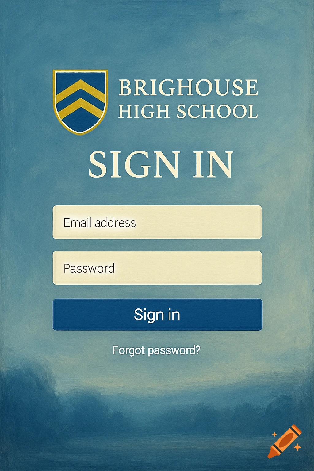 Digital illustration of a school sign-in page with a shield logo, text fields, and sign-in button against a textured blue background.