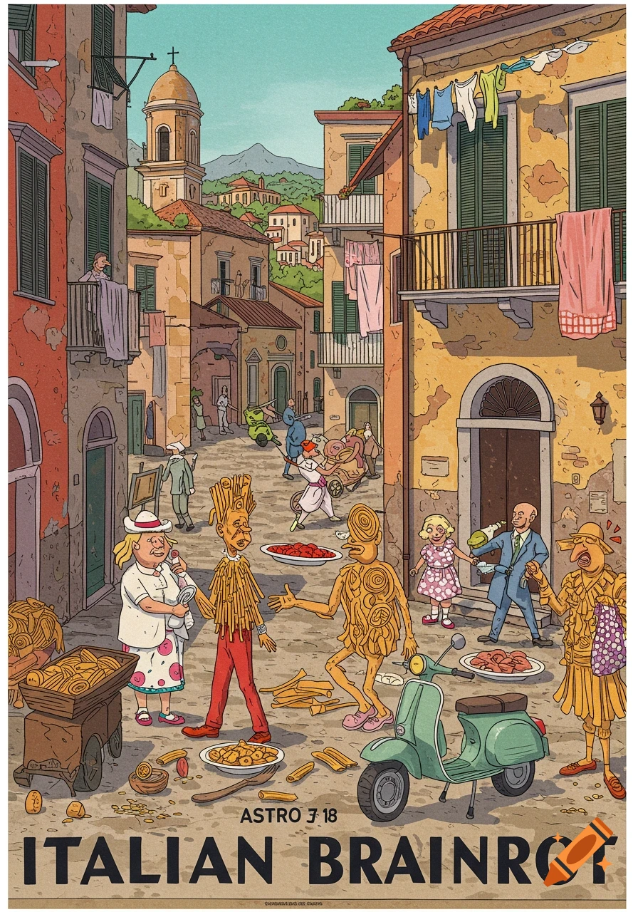 Cartoon illustration of strange pasta creatures and people in an Italian street scene with laundry hanging.