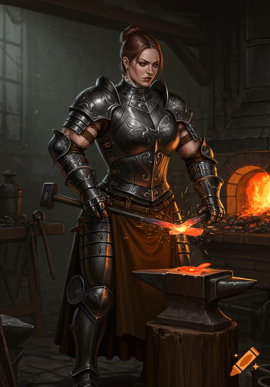 A strong woman in ornate metal armor works as a blacksmith, hammering a glowing metal piece on an anvil beside a fiery forge.