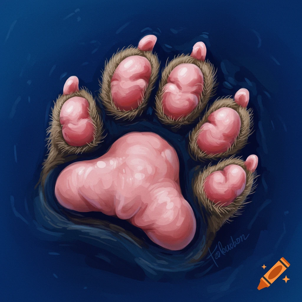 Close-up digital painting of a fluffy cat paw with pink toe beans on a ...