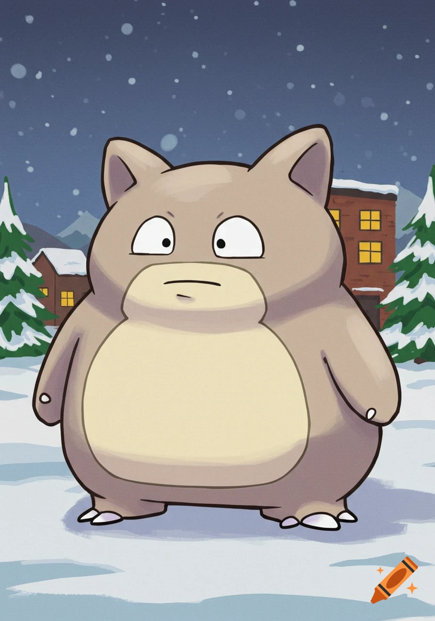 Munchlax-like cartoon character standing in a snowy South Park street