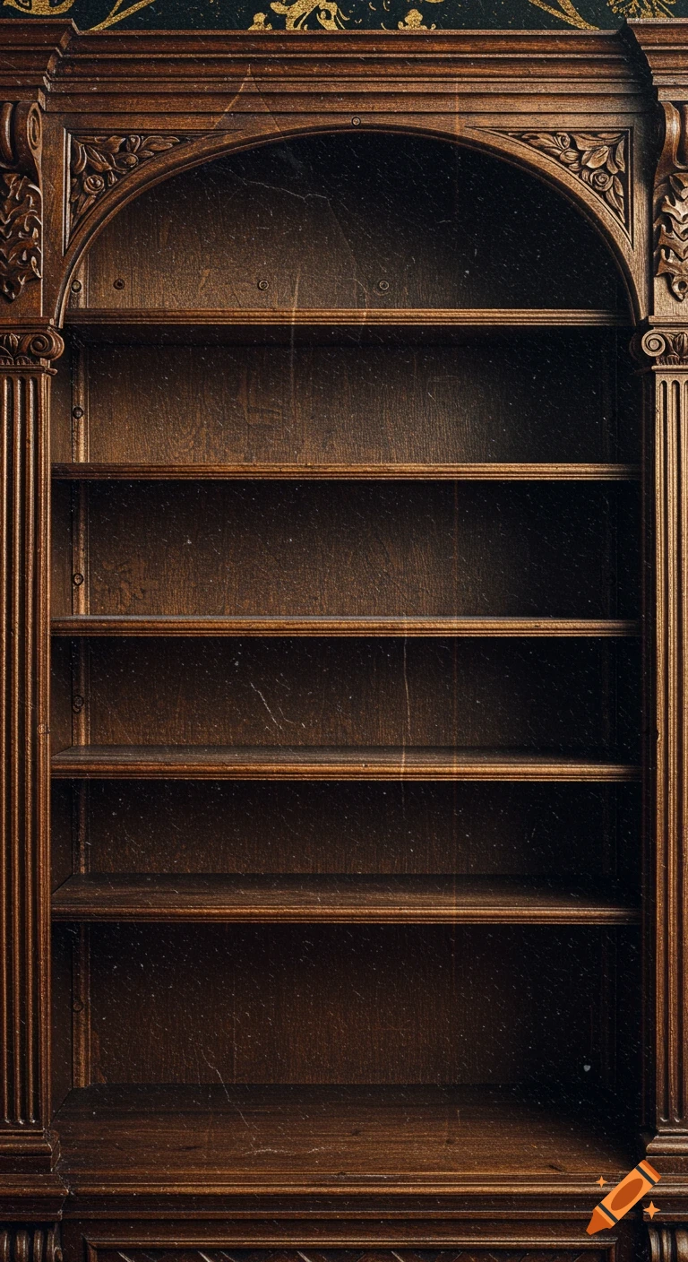 Empty antique wooden bookshelf with arched top and carved details.