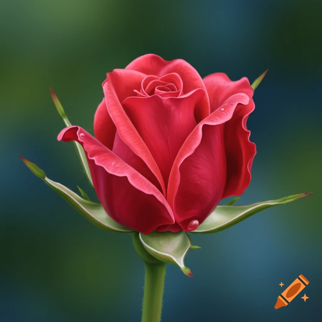 Close-up of a red rosebud with water drops against a blurred green background, photorealistic style.