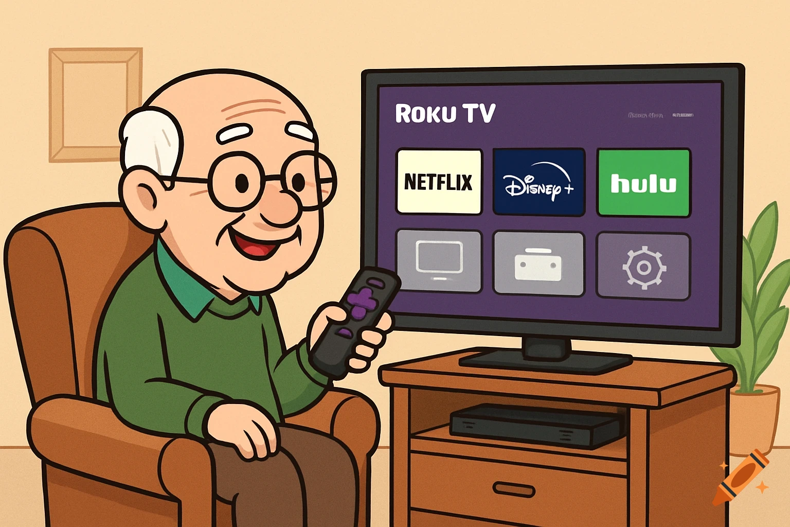 Cartoon of a grandpa watching TV with streaming apps on the screen