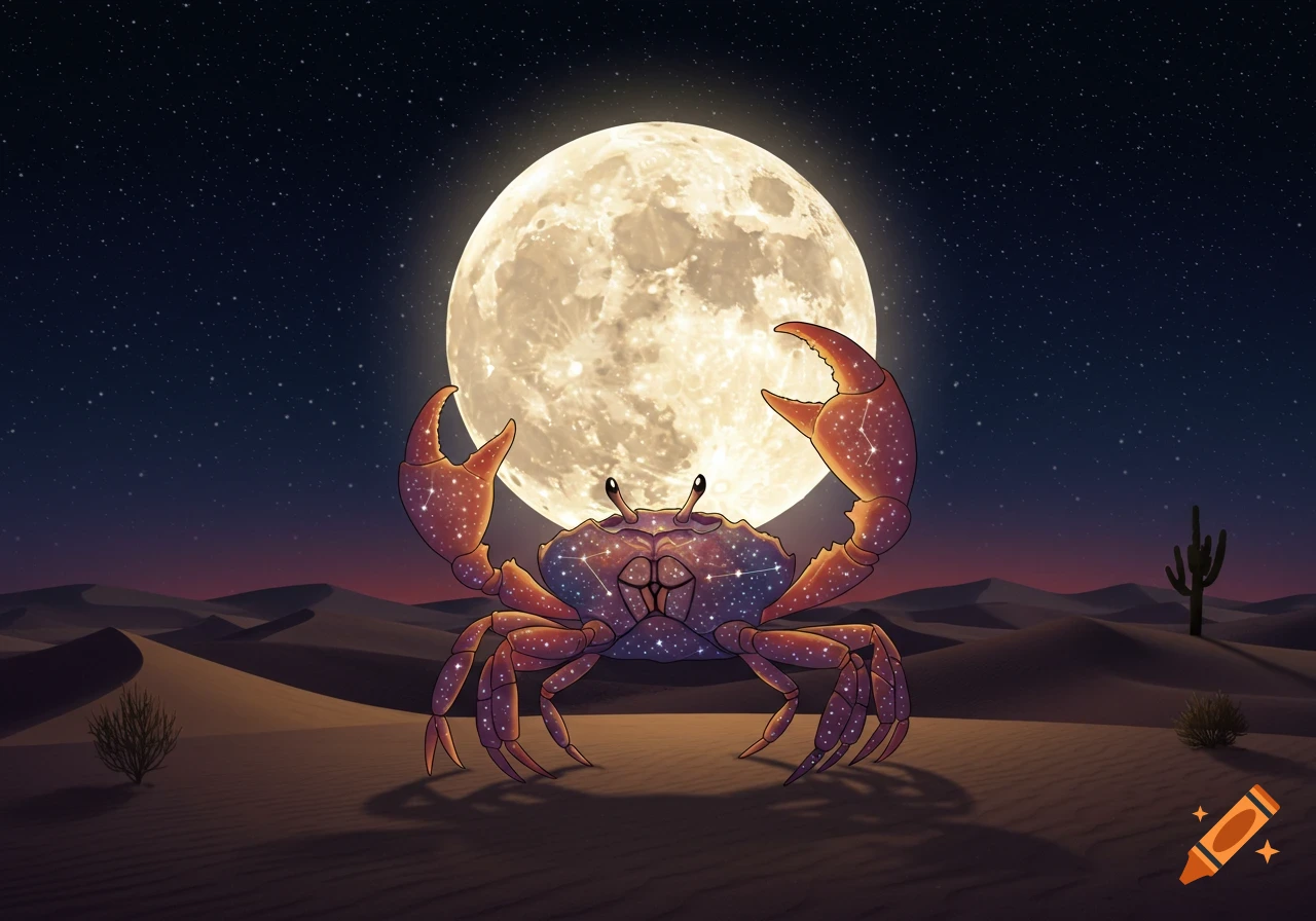 A stylized constellation-patterned crab stands in a desert holding a giant full moon against a starry night sky.