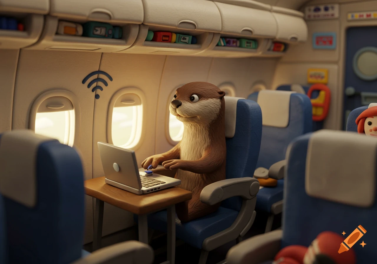 A claymation otter sits on an airplane using a laptop.
