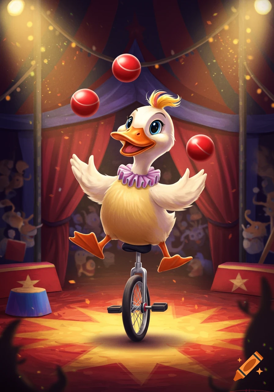 A cartoon duck juggles red balls while riding a unicycle in a circus ring.