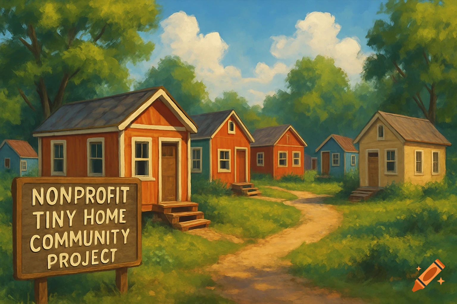 Painted scene of a tiny home community with a sign