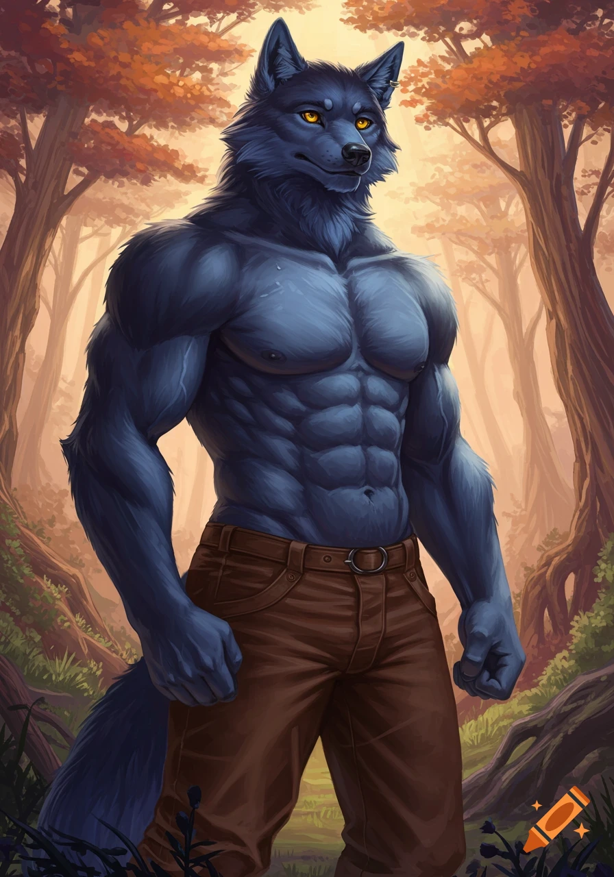 A muscular blue anthro wolf with yellow eyes stands in a forest setting.