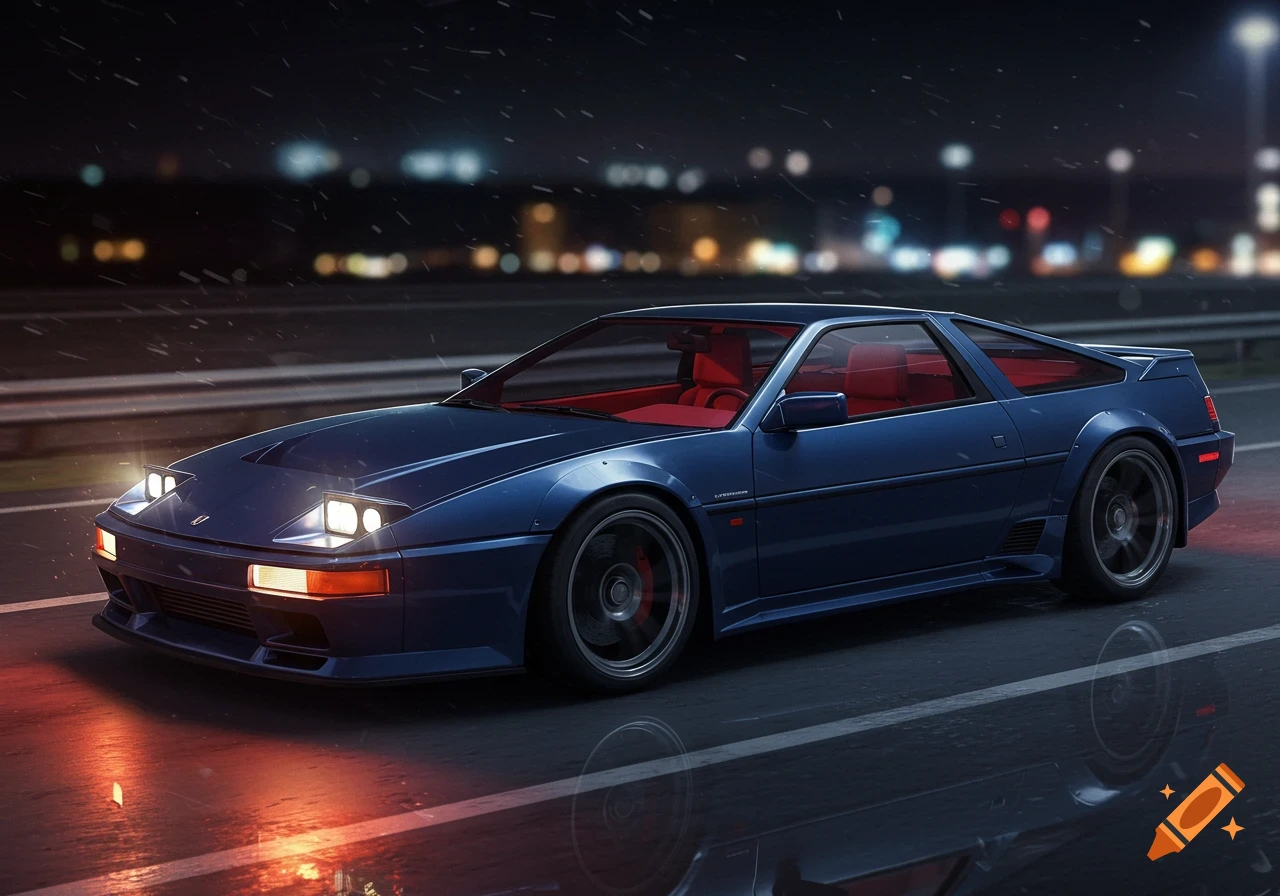 Blue sports car driving on a wet road at night with city lights and rain.