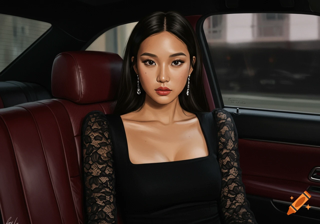 Portrait of an Asian woman sitting in a car wearing a black dress with lace sleeves.