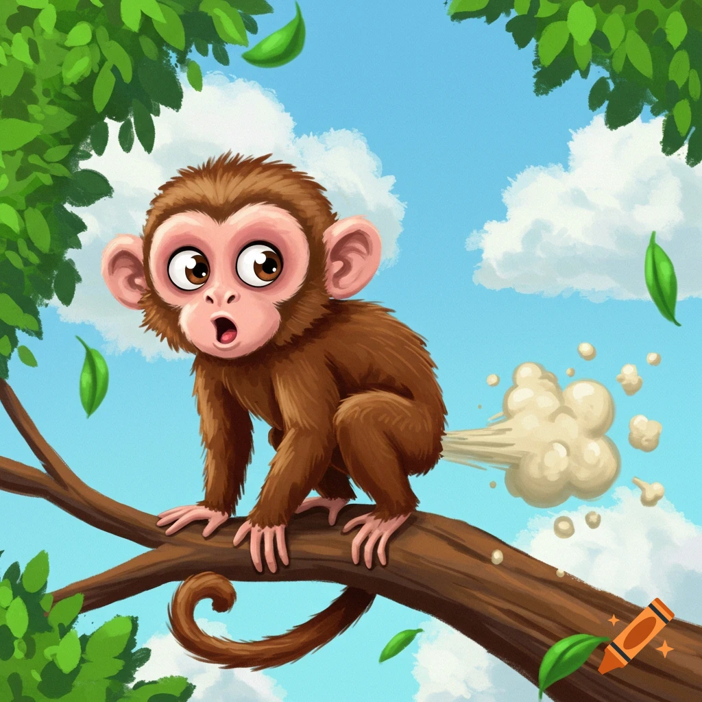 A cartoon baby monkey sits on a tree branch and farts.
