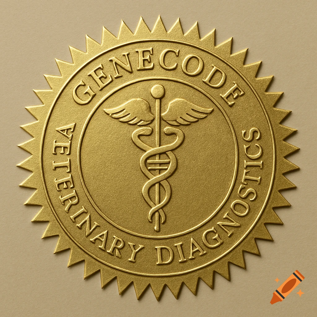 A golden embossed seal with a caduceus-like symbol and the text 'Genecode Veterinary Diagnostics'.