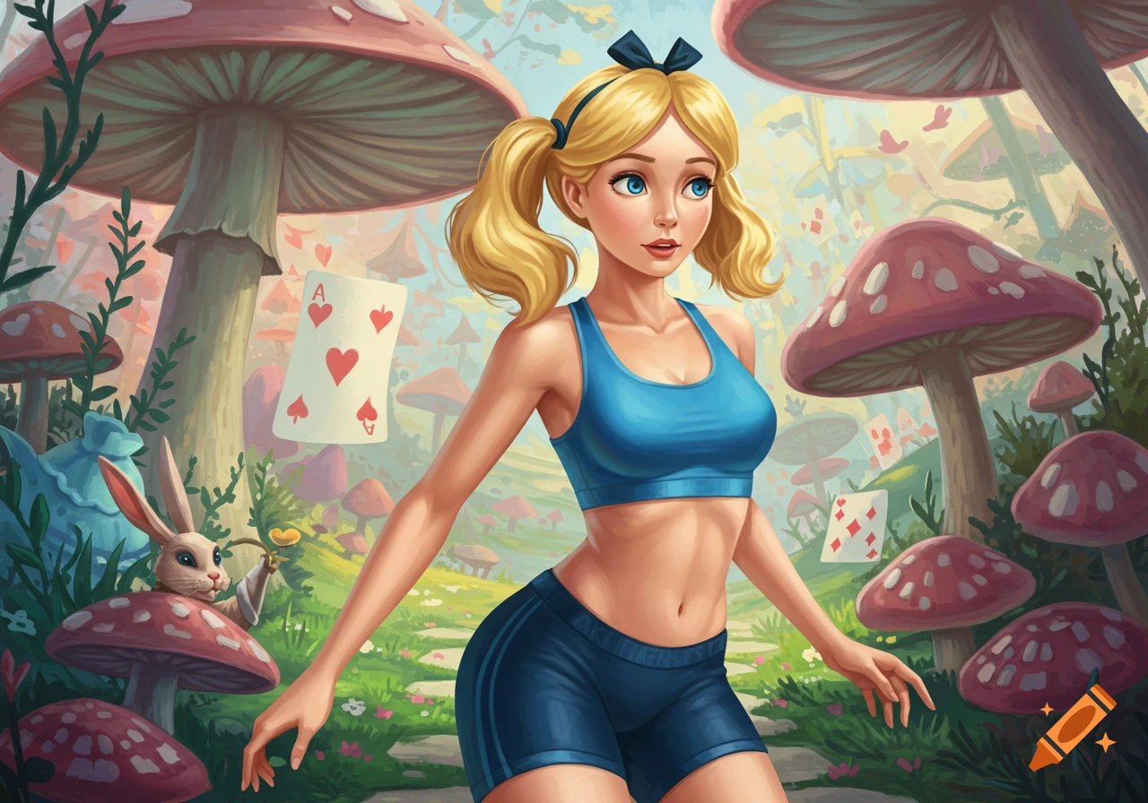 A woman resembling Alice from Alice in Wonderland wears a blue sports bra and shorts in a fantasy mushroom forest with playing cards and a rabbit.