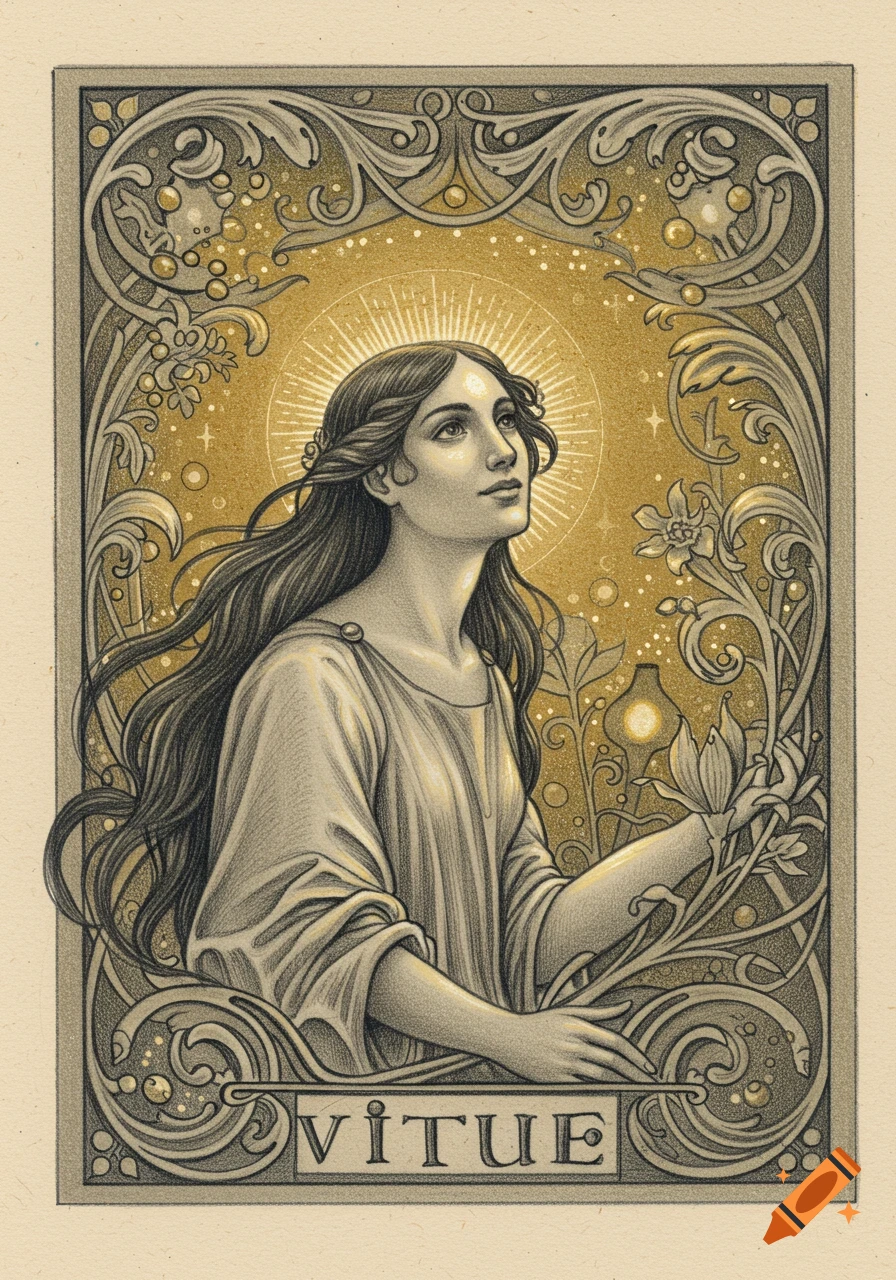 Art nouveau style drawing of a woman in a flowing robe within an ornate frame, with 'VIRTUE' written below.