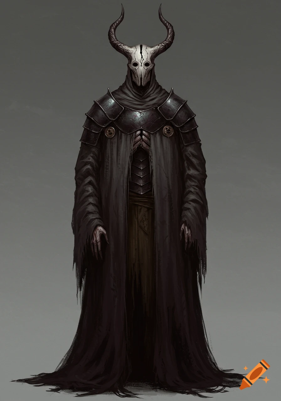 A tall dark fantasy figure wearing a skull mask with horns, dark armor, and a ragged cloak. Digital painting.