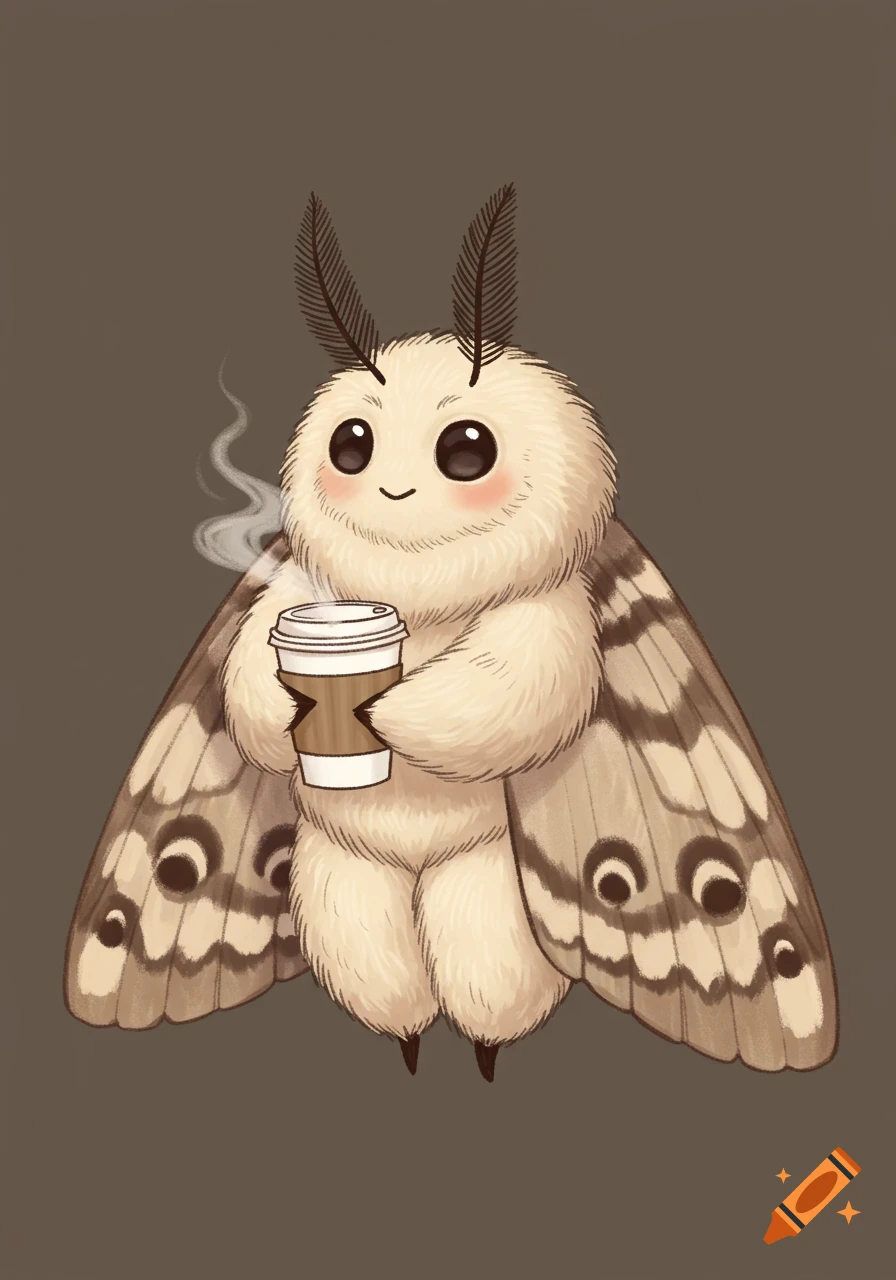 Cute cartoon moth holding a steaming coffee cup