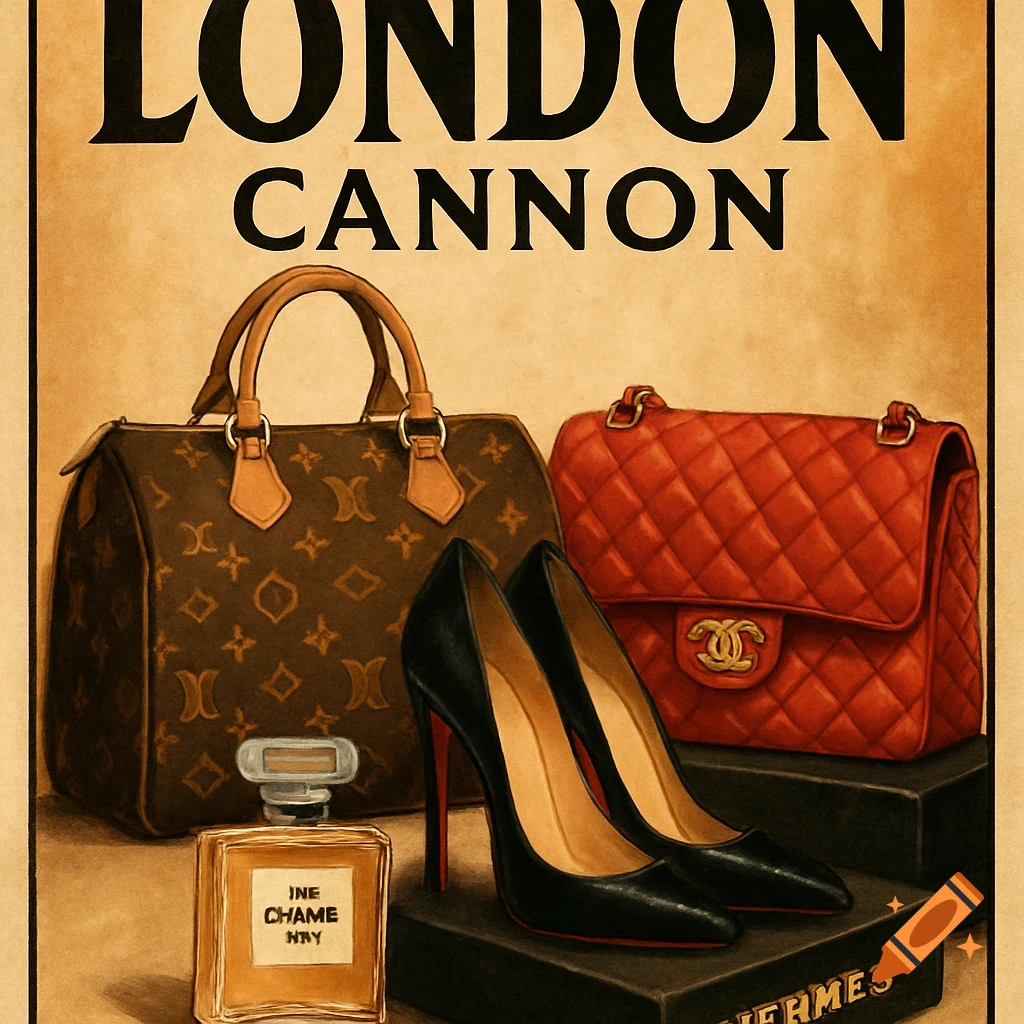 Illustration of a Louis Vuitton bag, Chanel bag, red-soled high heels, and perfume bottle. Text reads LONDON CANNON.