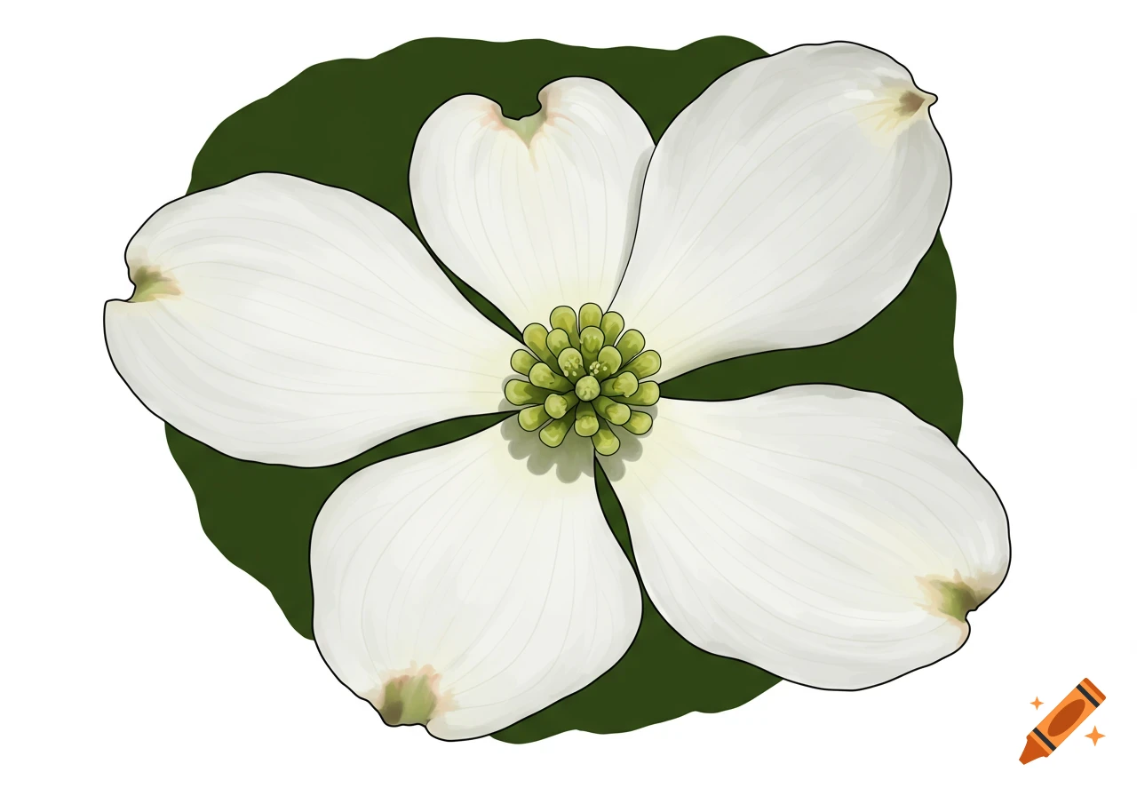 Close-up illustration of a white flower with green center.
