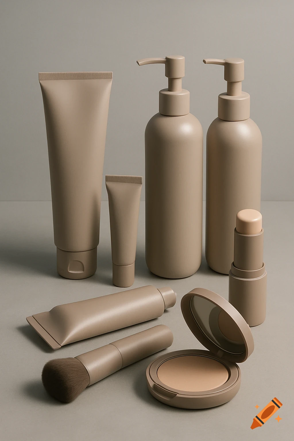 Minimalist collection of neutral-toned skincare and makeup products